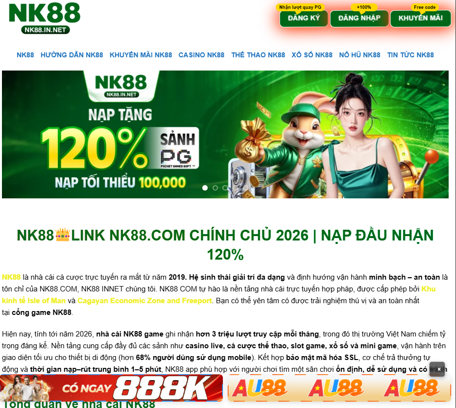 Hai nút "Đăng ký", "Đăng nhập" trên trang chủ NK88